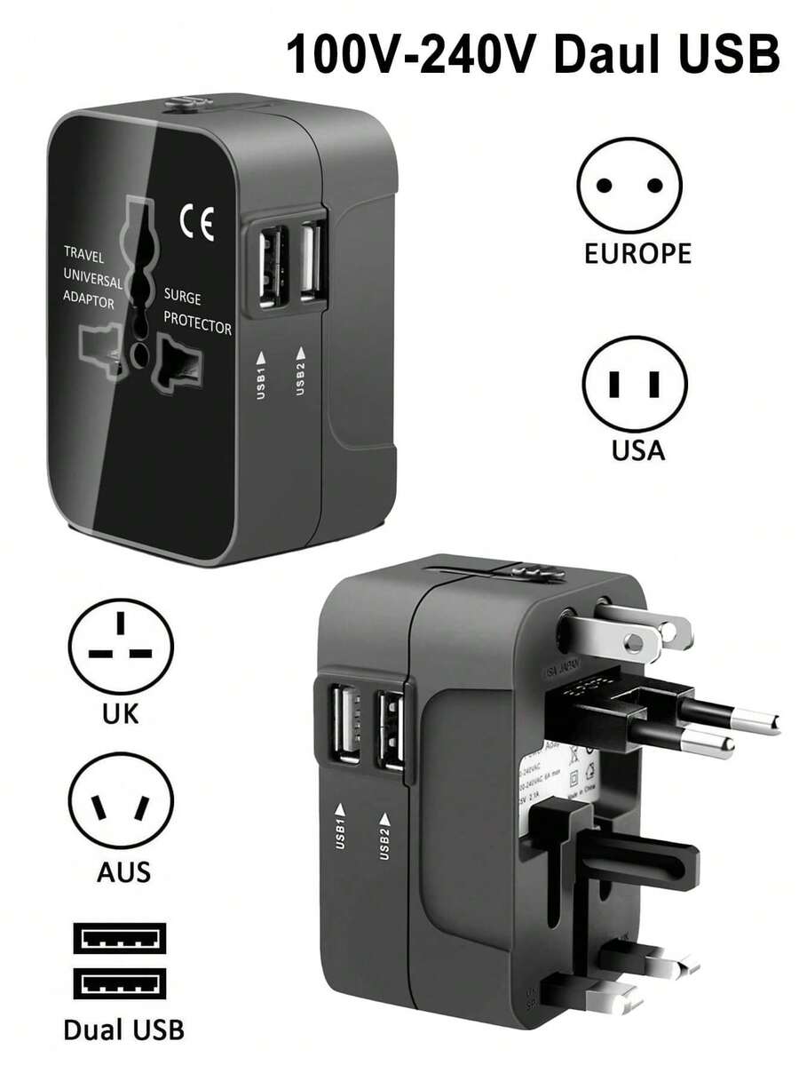 1pc Travel Universal Adapter, Dual USB Ports, 110V-240V Input, Power Adapter For Computer Accessories, Suitable For US/EU/UK/AU Plugs, Surge Protection, All-In-One Wall Charger For Over 150 Countries, Essential For Trips, Laptops, Tablets, Computers