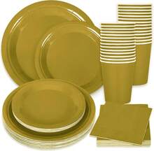 100Pcs Gold Tableware Set Wedding Disposable Dinnerware Set 50Pcs Paper Plates 25Pcs Napkin 25Pcs Cups For Birthday Bride Shower Party Supplies Table Decor - 金色 - 查看 1