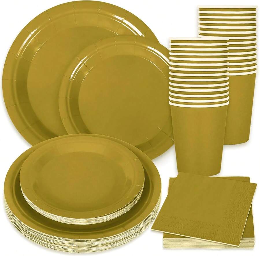 100Pcs Gold Tableware Set Wedding Disposable Dinnerware Set 50Pcs Paper Plates 25Pcs Napkin 25Pcs Cups For Birthday Bride Shower Party Supplies Table Decor - 金色 - 查看 1