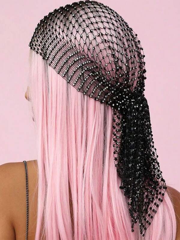1 peça 45 cm Bandana para cabelo feminino, lenços de com strass para chapéus, lenço de rede de pesca