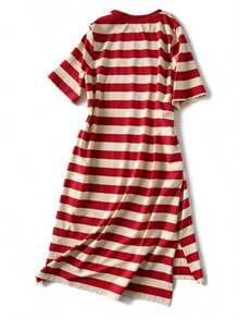 Vestido de las mujeres verano suelto rayas finas impreso vestido camiseta de longitud media vestido de manga corta marea - Rojo - Ver 6