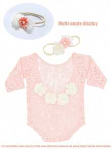 2Pcs Newborn Baby Photography Outfit Set - Chiffon Flower Lace Decor Dress & Pearl Headband For Girls, 70cm And Under - Multicolor - View 4