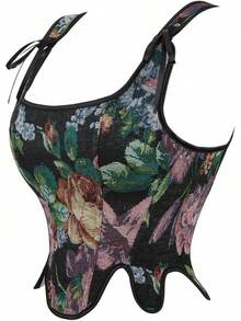 Womens Vintage 1920s Renaissance Lace Trim Corset Bustier, Retro Fashion - 黑色紫色 - 查看 3