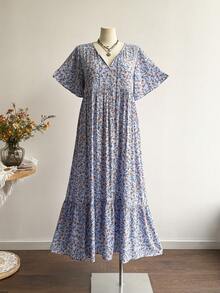 Rusttydustty Đầm Maxi Hoa Xanh Cổ Điển Cỡ Lớn, Cổ Chữ V, Tay Ngắn, Cạp Cao, Dáng Rộng, Dài, Thường Ngày, Mặc Hàng Ngày & Dã Ngoại, Đầm Họa Tiết Hoa Boho - Màu xanh lam - Xem 3