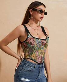 Womens Vintage 1920s Renaissance Lace Trim Corset Bustier, Retro Fashion - Bunga Hitam - View 6