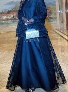 Modest Lace Abaya Sequin Lace Abaya With Inner Dress Two Pieces Abaya Set Occasion Dress - Navy Blue - View 4