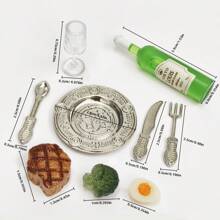 7/9pcs Dollhouse Romantic Dinnerware Set, Metal Delicate Plates With Miniature Food, Miniature Steak! Miniature Red Wine, Christmas/Halloween Decor!