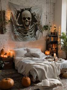1pc Halloween Skeleton Head Tapestry, Horror Decoration Hanging Cloth, Polyester Wall Decor For Living Room And Bedroom, Suitable For Daily Life, Camping Decoration, All Seasons