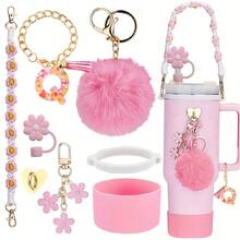 8 件适用于斯坦利杯装饰配件，8-9 毫米吸管盖，硅胶靴 30 40 盎司兼容斯坦利杯，女孩圣诞礼物，DIY 礼物创意装饰，感恩节装饰，朋友礼物装饰，圣诞派对装饰，适用于斯坦利配件，圣诞杯 - 粉紅色26字母 - 查看 11