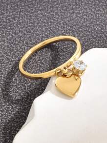Anillo de acero inoxidable elegante y elegante con un solo cristal de Rhinestone en estilo japonés y coreano, adecuado para el uso diario, perfecto como regalo para el Día de San Valentín, Mamá, Madre, Día de la Madre - Amarillo Oro - Ver 9