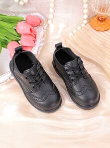Flat Bottom Leather Shoes For Baby, Toddler, Little Kids - Round Toe, Lace-Up Cute Dance/School Shoes For Girls - Black - View 4