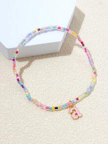 1pc Gradient Pink 26 Letters Pendant Beaded Colorful Plastic Bead Elastic Anklet, Suitable For Young Girls And Teens - Multicolor - View 5