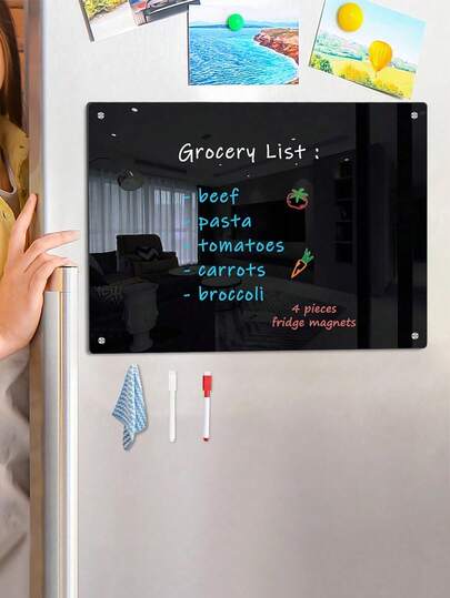 1 Pc 3D Black Magnetic Acrylic Whiteboard (With 1 Random Color Eraser Cloth & 1 White & 1 Red Magnetic Whiteboard Pen Included), Weekly/Monthly Planner, Blank Plan Board, Reusable Magnetic Fridge Memo Pad School Supplies,Back To School,White Board