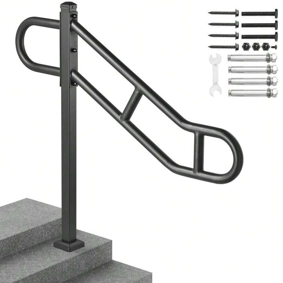 Outdoor Single Post Handrail For 1-3 Steps - 40.5" Floor-Mounted Stair Rail For  And Stability - Black - View 1