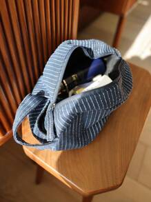 Classic Striped Large Capacity Handheld Makeup Bag, Linen Fabric, Dark Color Zipper, Skincare Products Travel Storage Pouch