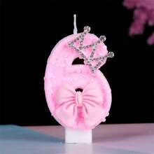 1pc Number 0-9 Digit Birthday Candles, Pink Bow With Crown With Glitter Sequins, Suitable For Birthday Party Cake Decoration, Suitable For Anniversary Parties,Suitable Wedding Anniversary , Suitable For Cute Pet Theme Cake Decoration Candles, Cake Decoration Pure Handmade DIY,Preferred Gift - Pink - View 4