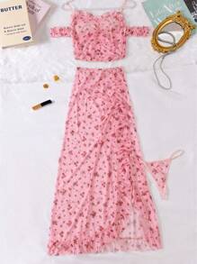 3pcs Mesh Floral Print Lingerie Set Including Sheer Top, Long Dress & Shorts