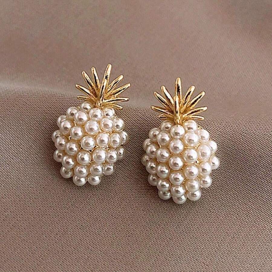 1 Paar Ananas Ohrstecker aus Plastik mit Perle, elegante vintage Ohrringe Set für Frauen