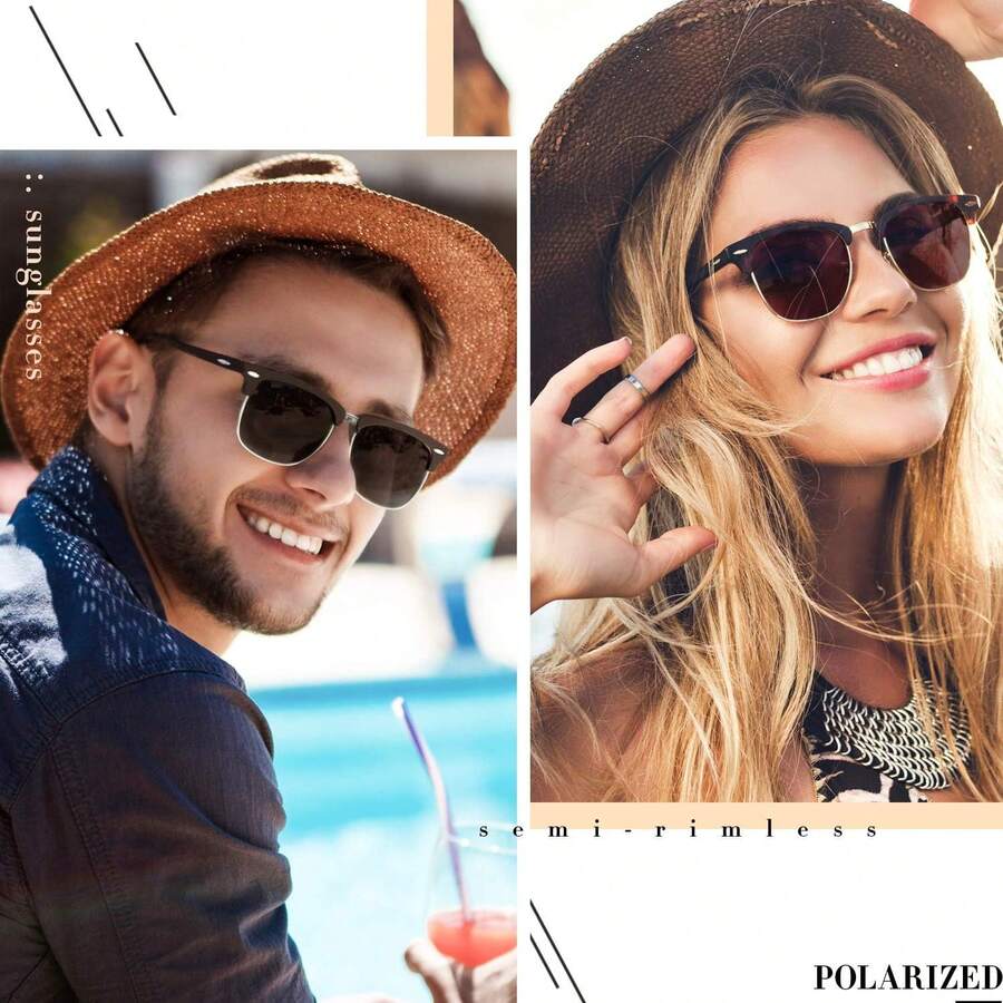 Polarized Semi Rimless Sunglasses For Men Women, Classic Retro Shades Half Frame Driving Sun Glasses UV Protection - Red - View 1