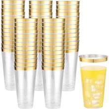 100 Pcs Gold Plastic Cups - 16 Oz Clear And Gold Rim Plastic Wine Cups, Big Size Fancy Disposable Party Cup Beverage Drinking Cup For Party & Wedding - Gold - View 1