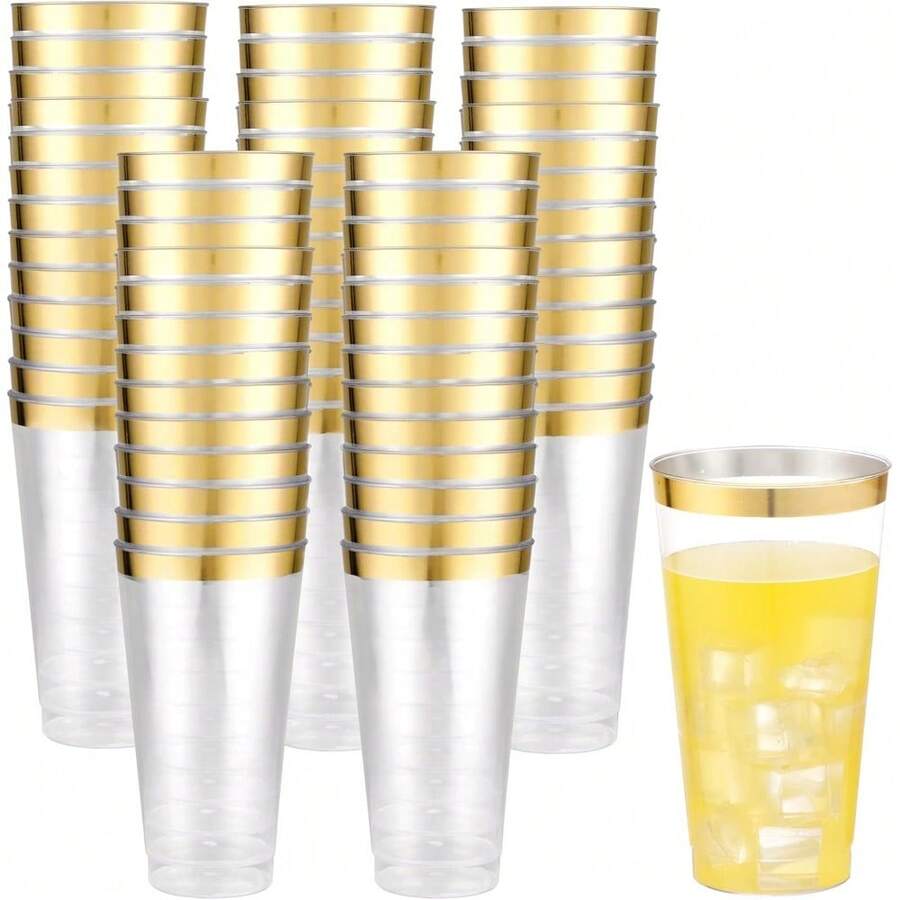 100 Pcs Gold Plastic Cups - 16 Oz Clear And Gold Rim Plastic Wine Cups, Big Size Fancy Disposable Party Cup Beverage Drinking Cup For Party & Wedding - Gold - View 1