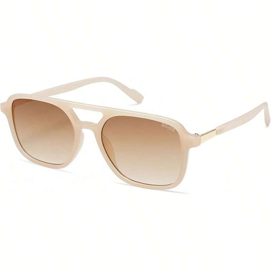 Gafas de Sol de Aviador Retro Para mujeres y hombres, gafas de sol de moda para mujeres rectangulares para hombres SJ2202 - Montura color crema lechoso/Lentes degradadas marrones - Ver 1
