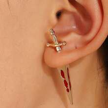 1 对男士复古朋克哥特风格剑穿孔水滴十字架耳钉，珠宝配饰，时尚礼物 - 彩色 - 查看 2