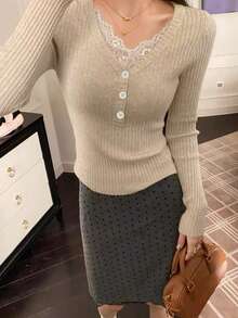 Lace Patchwork V-Neck Ribbed Knit Sweater Women, New Spring Autumn White Soft Style Slim Fit Long Sleeve 2 In 1 Tops - Oatmeal - View 1