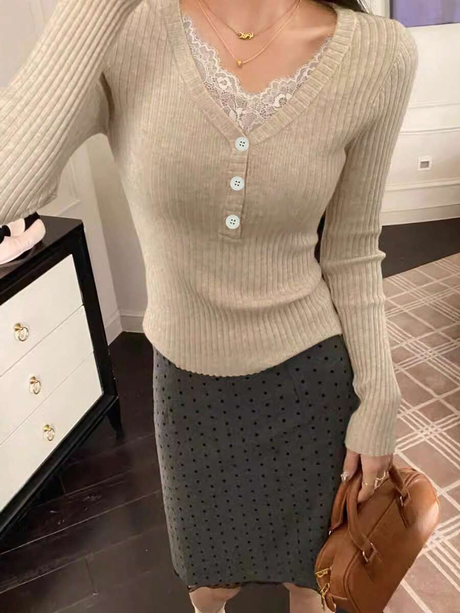 Lace Patchwork V-Neck Ribbed Knit Sweater Women, New Spring Autumn White Soft Style Slim Fit Long Sleeve 2 In 1 Tops - Oatmeal - View 1