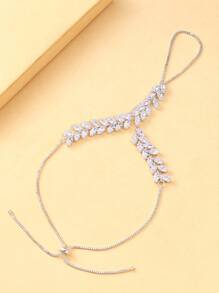 1pc Vintage Minimalist Wheat & Leaf Wrap Around Finger Ring Bracelet, Zirconia Decorated Brides Accessory