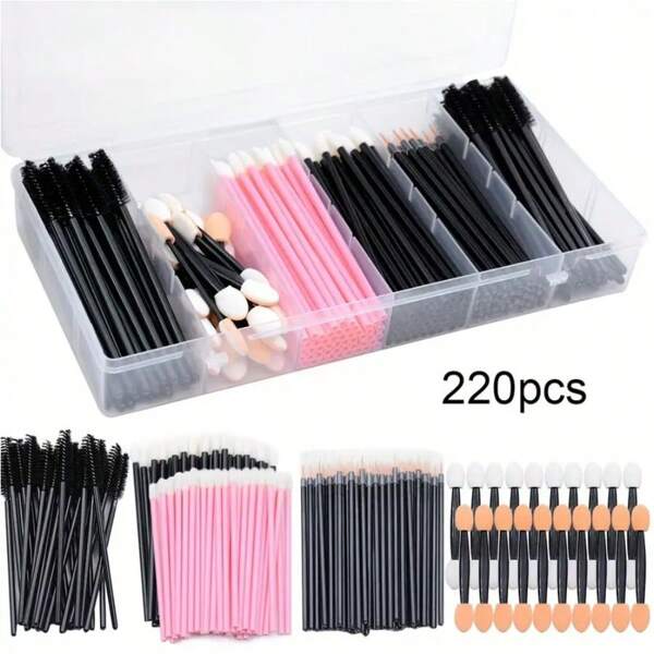 220Pcs Makeup Tools Kit Case Eyebrow Brush Eyelash Mascara Wands Lipstick Lip Brush Disposable Eyeliner Eyeshadow Applicators Makeup Accessories With Organizer Container Box