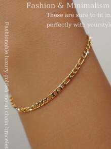 1pc 18K Gold Flat Bracelet For Women,Golden Figaro Chain Jewelry, Exquisite Daily Waterproof Stainless Steel Bracelet, Layered Chain Bracelet, Jewelry Gift For Her