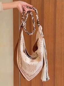 1 chiếc túi đeo vai chéo kiểu Bohemian bằng vải lanh thiết kế độc đáo, túi xách nữ dung tích lớn, nhẹ, phù hợp với trang phục Boho. - Nhiều màu - Xem 2