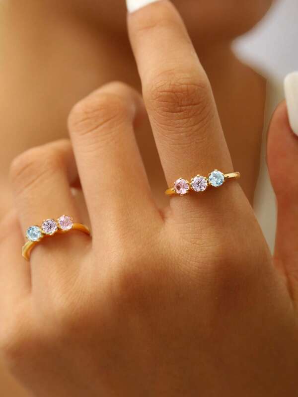 1pc Elegant, Stylish, Personalized, Luxurious, Western Minimalist, High-End Stainless Steel Zirconia 18k Gold Plated Rainbow Geometric Pattern Diamond Single Ring, Suitable For Festivals, Travels, Work, Daily Wear, Parties, Gatherings, Women's Jewelry
