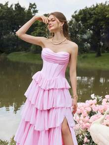 Faeriesty Váy tốt nghiệp bằng vải satin không dây sang trọng với nhiều lớp voan nhún bèo và dây buộc chéo phía sau - Váy trang trọng cho tiệc sinh nhật, tiệc cưới, dạ tiệc và sự kiện tối lãng mạn - Hồng - Xem 6