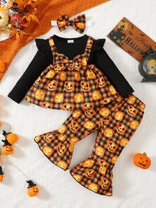 New Baby Girl Long Sleeved Round Neck Butterfly Bow Halloween Print Dress Paired With Full Print Minimalist Long Pants Headband Three Piece Set - 黑色 - 查看 1