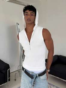 Áo ba lỗ không tay có mũ trùm đầu có khóa kéo thời trang giản dị dành cho nam trẻ - trắng - Xem 5