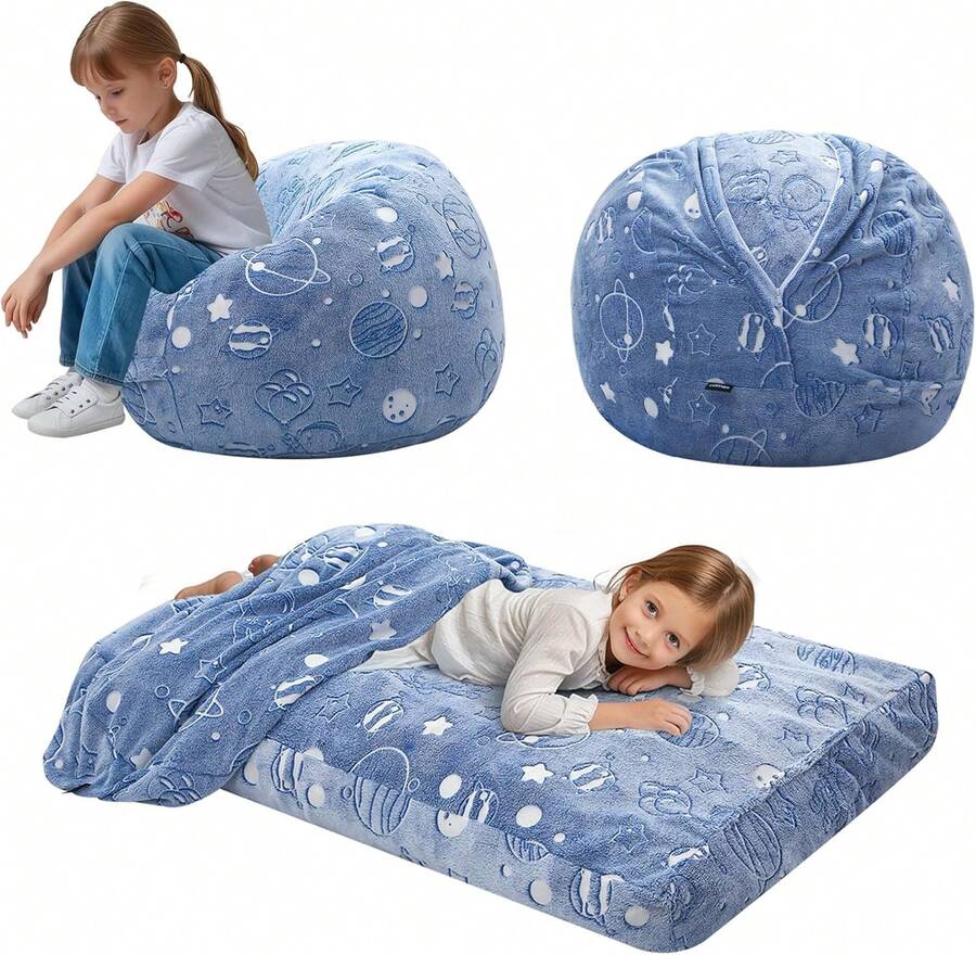 Kids Bean Bag Chair Turn Into Beanbag Bed, Unicorn Toddler Bean Chair For Girl Boy Sleeping, Lazy Children Sofa Couch With Filler, Convertible Child Floor Mattress, Glowing Space - 彩色 - 查看 1