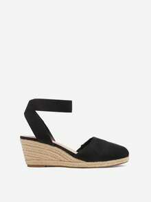 Women's Elastic Ankle Strap Espadrilles Wedge Sandals - Black - View 7
