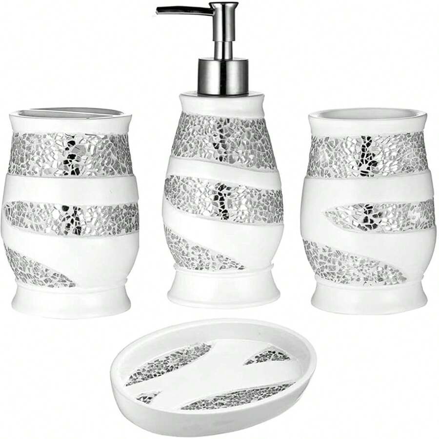 Luxury Bathroom Accessories Set, 4pc Sinatra Soap Dispenser, Tumbler, Toothbrush Holder & Soap Dish, Modern Classic Glass White Design - Sinatra White - View 1