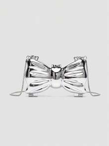 1 chiếc túi xách nơ kim loại mạ điện Acrylic mini, đa chức năng trang trí thời trang cho phụ nữ, đựng đồ trang sức/tai nghe, quà tặng cho phụ nữ, thích hợp cho ngày lễ tình nhân, tiệc tùng, đám cưới, hẹn hò, làm túi đeo vai/đeo chéo, ví đựng tiền xu thanh lịch cho phụ nữ - Bạc - Xem 1