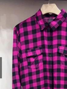 Long Sleeved Plaid Shirt - Purple - View 2