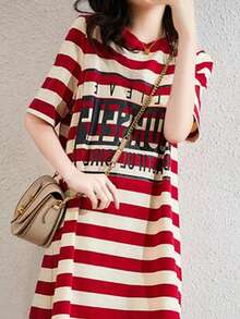 Vestido de las mujeres verano suelto rayas finas impreso vestido camiseta de longitud media vestido de manga corta marea - Rojo - Ver 2
