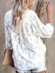 Plus Women's Floral Print Chiffon Long Sleeve Button Up Blouse - White - View 3