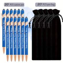20 pezzi Penne a sfera personalizzabili + 20 pezzi Custodie nere per penne, punta fine, corpo in alluminio, cappuccio retrattile, scrittura fluida, leggere, con molletta, compatibili con touch screen, adatte per informazioni e regali personalizzati, utilizzabili come regali di inizio scuola, forniture scolastiche