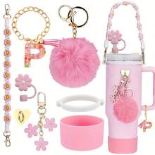 8 件适用于斯坦利杯装饰配件，8-9 毫米吸管盖，硅胶靴 30 40 盎司兼容斯坦利杯，女孩圣诞礼物，DIY 礼物创意装饰，感恩节装饰，朋友礼物装饰，圣诞派对装饰，适用于斯坦利配件，圣诞杯 - 粉紅色26字母 - 查看 30