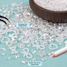600Pcs 3D Multi Shapes Nail Charms And Flatback Pearls, White Mix Styles Heart Bow Sunflower Embellishments Nail Art, And Decoration With Glue Gel, Tweezer And Pickup Pencil - Bộ 1 - Trắng & Hồng + Keo dán - Xem 10