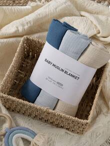 GLLQUEN BABY 3pcs Organic Cotton Muslin Swaddle Blankets, Unisex, Newborn Receiving Blankets, Large 40 X 38 Inches, Soft & Breathable, Suitable For Baby Boys & Girls - Blue - View 3