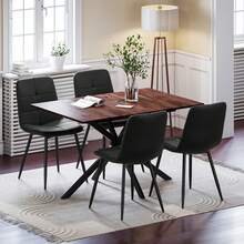 Extendable Dining Table And Chairs Set 4, 120-160cm Wood Grain Table With 4 Black Upholstered Linen Chairs For Dining Room, Kitchen - Wood Grain Dining Table + 4 Black Linen Dining Chairs - View 1