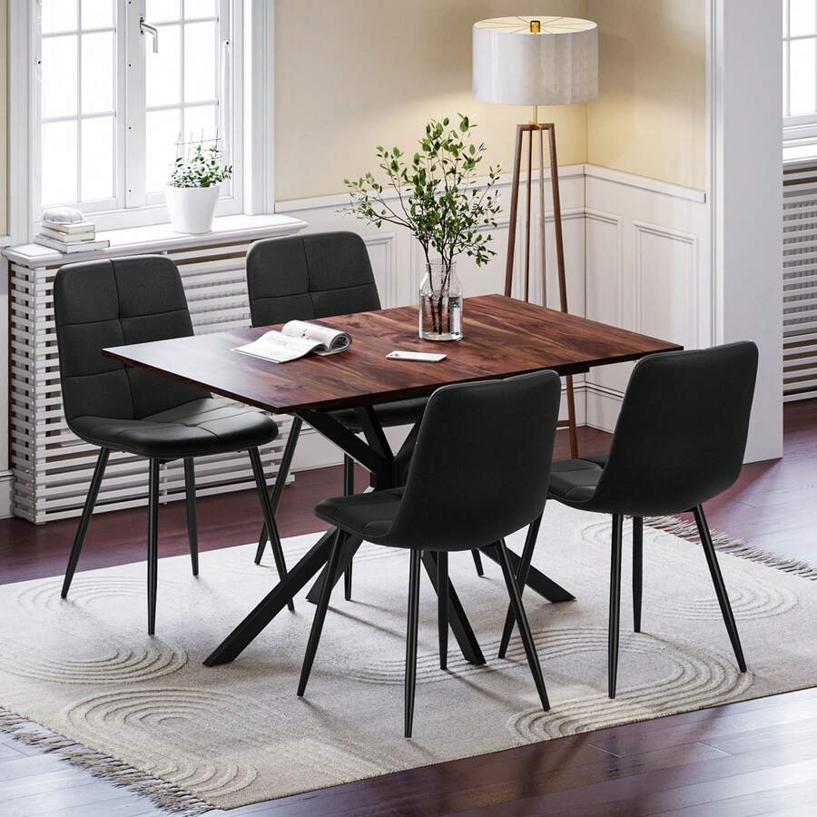 Extendable Dining Table And Chairs Set 4, 120-160cm Wood Grain Table With 4 Black Upholstered Linen Chairs For Dining Room, Kitchen - Wood Grain Dining Table + 4 Black Linen Dining Chairs - View 1